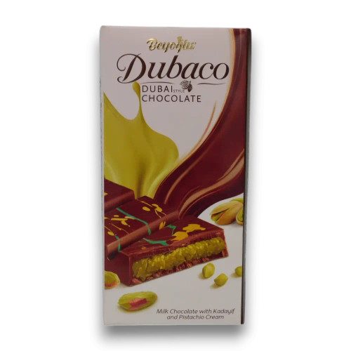Beyoglu Dubaco Dubai Chocolate 200g bar with kadayif and pistachio cream, stocked at The Professors Online Lolly Shop. Beyoglu Dubaco Dubai Chocolate 200g bar with kadayif and pistachio cream, stocked at The Professors Online Lolly Shop.
