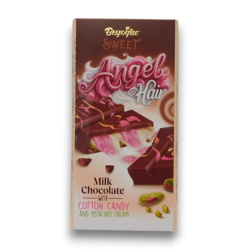Beyoglu Angel Hair Milk Chocolate 170g bar with pistachio cream and cotton candy, stocked at The Professors Online Lolly Shop. Beyoglu Angel Hair Milk Chocolate 170g bar with pistachio cream and cotton candy, stocked at The Professors Online Lolly Shop.