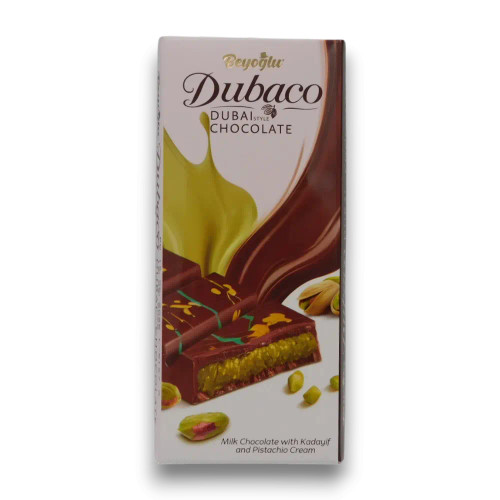 Beyoglu Dubaco Dubai Chocolate 95g bar with pistachio cream and kadayıf filling, available at The Professors Online Lolly Shop. Beyoglu Dubaco Dubai Chocolate 95g bar with pistachio cream and kadayıf filling, available at The Professors Online Lolly Shop.