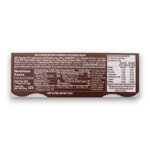 Nutritional information of Beyoglu - Dubaco Dubai Chocolate (95g bar).