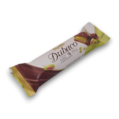 Milk chocolate Beyoglu Dubaco Dubai 35g featuring crunchy kadayıf and pistachio cream, available at The Professors Online Lolly Shop.