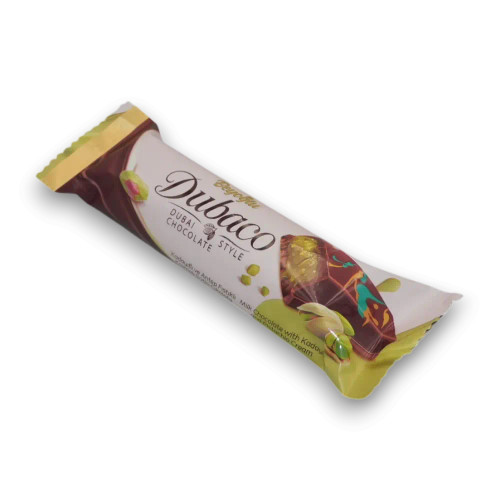 Beyoglu Dubaco Dubai Chocolate 35g bar showing layered pistachio and kadayıf pastry filling, The Professors Online Lolly Shop.
