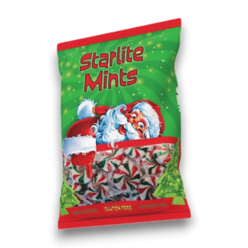 Starlite Mints 500g bag with individually wrapped red and white striped mint lollies, available at The Professors Online Lolly Shop. Starlite Mints 500g bag with individually wrapped red and white striped mint lollies, available at The Professors Online Lolly Shop.