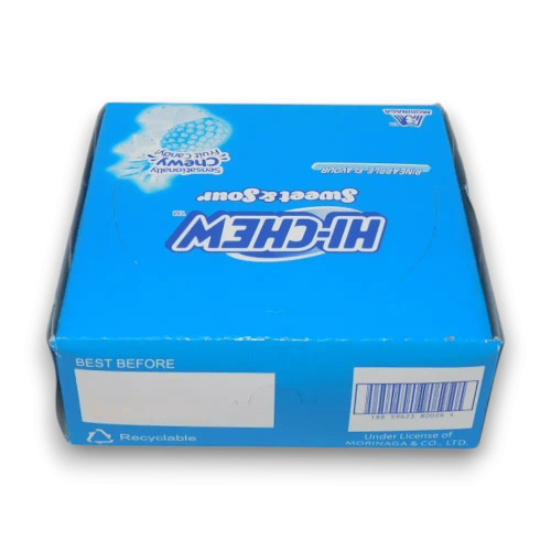 Hi-Chew Pineapple chewy candy sticks in 12-stick display carton, 57g each, available at The Professors Online Lolly Shop.