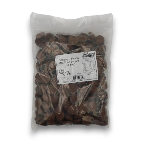 Cadbury Sienna Milk Choc Buttons 1kg bag showing milk chocolate button pieces, available at The Professors Online Lolly Shop