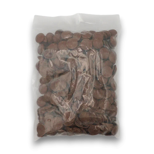 Cadbury Sienna milk choc buttons in 1kg bag showing smooth chocolate discs, available at The Professors Online Lolly Shop