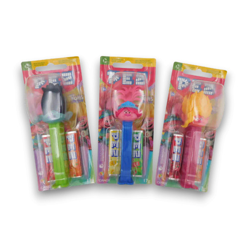 Trolls character Pez Candy Dispensers 17g blister packs in display unit, available at The Professors Online Lolly Shop.