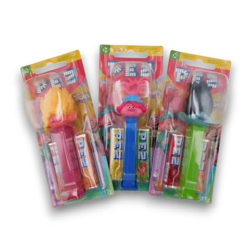 Trolls character Pez Candy Dispensers 17g blister packs in display unit, available at The Professors Online Lolly Shop.