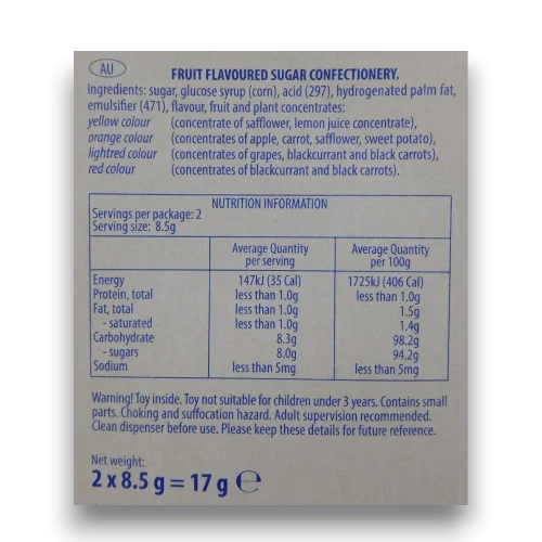 Nutritional information of Pez Candy Dispensers Trolls 6 x 17g display