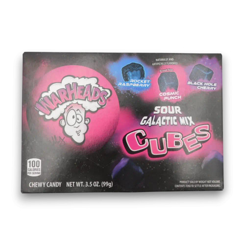 Warheads Galactic Mix Cubes 99g theatre box showing sour chewy candy, from The Professors Online Lolly Shop. Warheads Galactic Mix Cubes 99g theatre box showing sour chewy candy, from The Professors Online Lolly Shop.