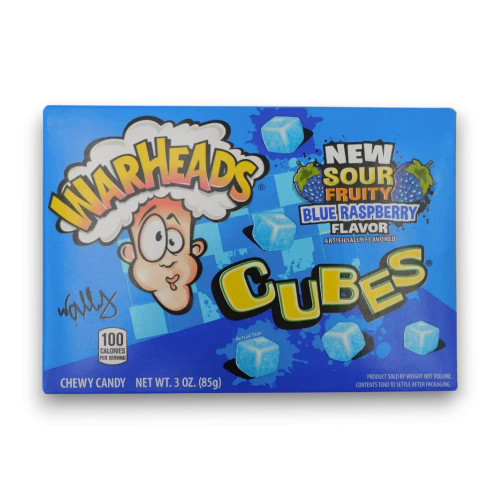 Warheads Sour Blue Raspberry Cubes 85g theatre box with chewy cube lollies, available at The Professors Online Lolly Shop. Warheads Sour Blue Raspberry Cubes 85g theatre box with chewy cube lollies, available at The Professors Online Lolly Shop.