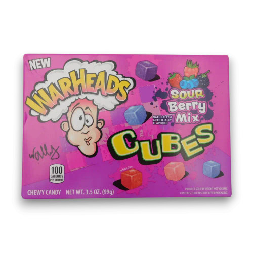 Warheads Sour Berry Mix Cubes 99g theatre box featuring chewy berry-flavoured candy, sold at The Professors Online Lolly Shop. Warheads Sour Berry Mix Cubes 99g theatre box featuring chewy berry-flavoured candy, sold at The Professors Online Lolly Shop.