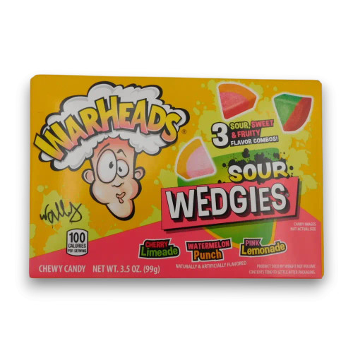 Warheads Sour Wedgies 99g theatre box showcasing chewy sour fruit wedges, available at The Professors Online Lolly Shop. Warheads Sour Wedgies 99g theatre box showcasing chewy sour fruit wedges, available at The Professors Online Lolly Shop.