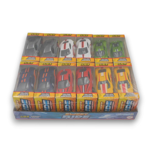 Assorted Universal Candy Sweet Ride diecast cars with candy, 12-pack display, available at The Professors Online Lolly Shop. Assorted Universal Candy Sweet Ride diecast cars with candy, 12-pack display, available at The Professors Online Lolly Shop.