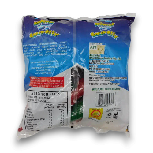 Snowtime Animal Ice Sour Stix gluten-free sour liquid treats in bulk 50-piece bag, available at The Professors Online Lolly Shop.