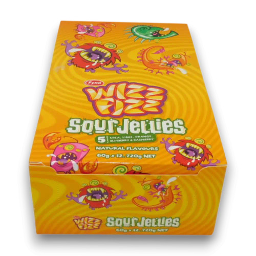 Display unit of 12 Wizz Fizz Sour Jellies 60g bags with colourful monster-themed packaging, available at The Professors.