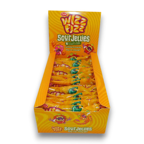 Fyna Wizz Fizz Sour Jellies 60g bag in bulk display unit of 12, available at The Professors Online Lolly Shop. Fyna Wizz Fizz Sour Jellies 60g bag in bulk display unit of 12, available at The Professors Online Lolly Shop.