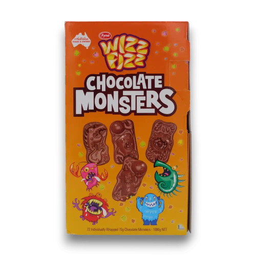 Display unit of 72 x 15g Wizz Fizz Chocolate Monsters bags.