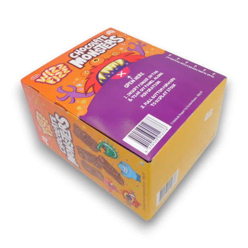 Wizz Fizz Chocolate Monsters bulk display carton with colourful monster packaging, available at The Professors Online Lolly Shop.