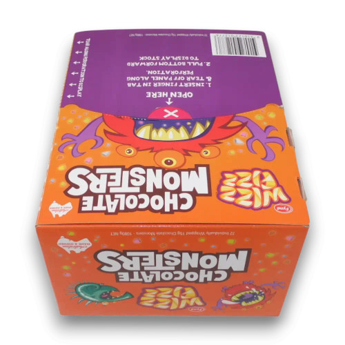 Wizz Fizz Chocolate Monsters mini 15g bags in monster-themed foils, available at The Professors Online Lolly Shop.