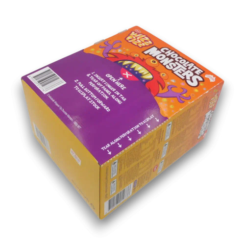 Bulk unit of 72 x 15g Wizz Fizz Chocolate Monsters bags in retail display, available at The Professors Online Lolly Shop.