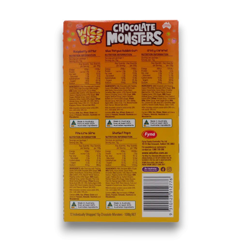 Nutritional information of Fyna - Wizz Fizz - Chocolate Monsters (Display unit | 72 x 15g bags).