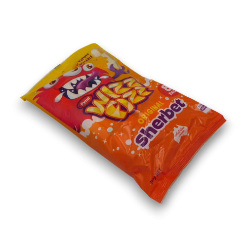 Wizz Fizz Original Sherbet bag showing edible spoon feature, 144g pack, available at The Professors Online Lolly Shop.
