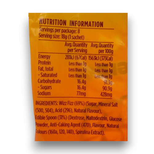 Nutritional information of Fyna - Wizz Fizz - Original Sherbet (144g bag | 8 x 18g sachets).