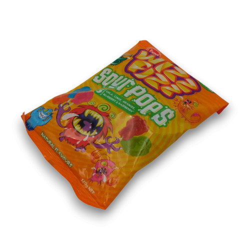 Fyna Wizz Fizz Sour Pops packaging showing monster characters, available at The Professors Online Lolly Shop.