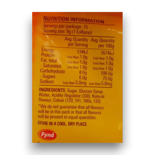 Nutritional information of Fyna - Wizz Fizz - Sour Pops (120g bag | 15 x 8g pops).