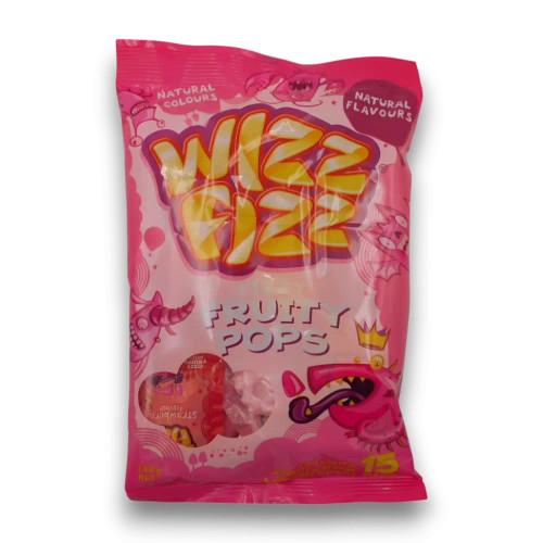 Fyna Wizz Fizz Fruity Pops 132g bag with 15 individually wrapped fizzy lollipops, available at The Professors Online Lolly Shop. Fyna Wizz Fizz Fruity Pops 132g bag with 15 individually wrapped fizzy lollipops, available at The Professors Online Lolly Shop.