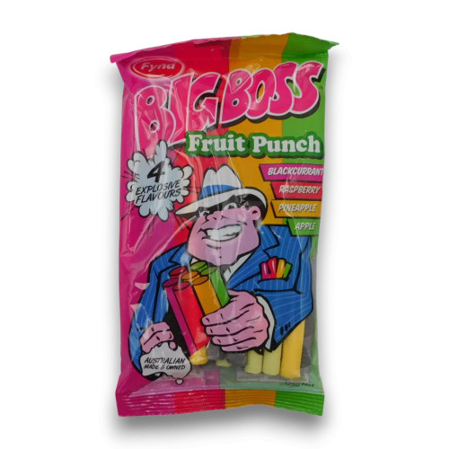 Fyna Big Boss Fruit Punch 125g bag featuring assorted candy sticks, available at The Professors Online Lolly Shop. Fyna Big Boss Fruit Punch 125g bag featuring assorted candy sticks, available at The Professors Online Lolly Shop.