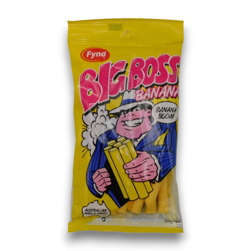 Fyna Big Boss Banana 125g bag featuring chewy candy sticks, available at The Professors Online Lolly Shop. Fyna Big Boss Banana 125g bag featuring chewy candy sticks, available at The Professors Online Lolly Shop.