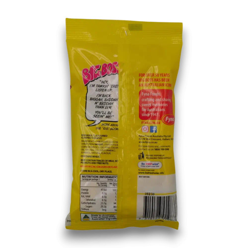 Fyna Big Boss Banana chewy sticks in bright yellow packaging, 125g bag, available at The Professors Online Lolly Shop.