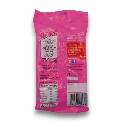 Fyna Big Boss Musk Stix chewy pink candy sticks in 125g retro bag, available at The Professors Online Lolly Shop.