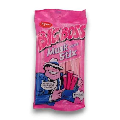 Fyna Big Boss Musk Stix 125g bag featuring chewy retro musk candy sticks, available at The Professors Online Lolly Shop. Fyna Big Boss Musk Stix 125g bag featuring chewy retro musk candy sticks, available at The Professors Online Lolly Shop.