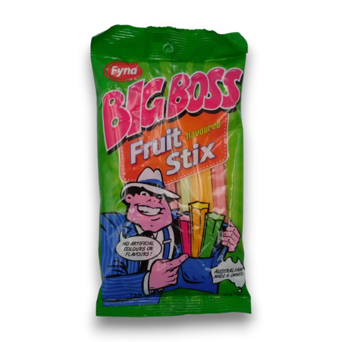 Fyna Big Boss Fruit Stix 125g bag with chewy fruity sticks, available at The Professors Online Lolly Shop. Fyna Big Boss Fruit Stix 125g bag with chewy fruity sticks, available at The Professors Online Lolly Shop.