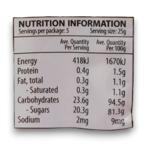 Nutritional information of Fyna - Big Boss - Caramel (125g bag | ~8 x 15.6g sticks).
