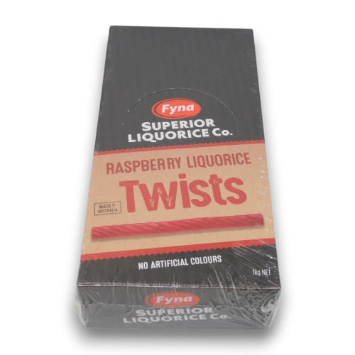 Raspberry-flavoured Fyna Superior Liquorice Twists in a 1kg box, available at The Professors Online Lolly Shop.
