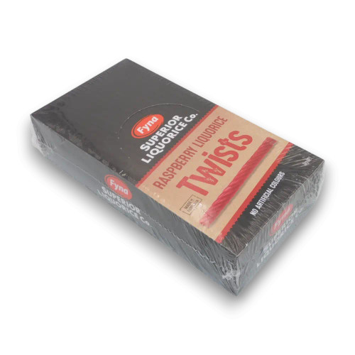 Fyna Superior Liquorice Co. Raspberry Liquorice Twists 1kg box in retail display, available at The Professors Online Lolly Shop. Fyna Superior Liquorice Co. Raspberry Liquorice Twists 1kg box in retail display, available at The Professors Online Lolly Shop.