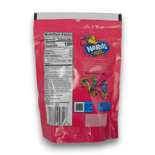Nerds Gummy Clusters 226g candy bag with colourful Nerds coating on soft gummy pieces, available at The Professors Online Lolly Shop.
