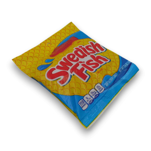Red Swedish Fish candy in 102g packaging with chewy texture, available at The Professors Online Lolly Shop.