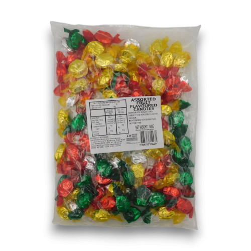 AIT Xmas Candy Mix 500g bag with individually wrapped red, green, gold, and silver lollies, from The Professors Online Lolly Shop.