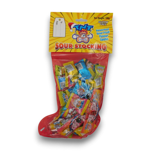 Singe stocking of Santas Surprise, available in 24-pack box at The Professors Lolly Shop.