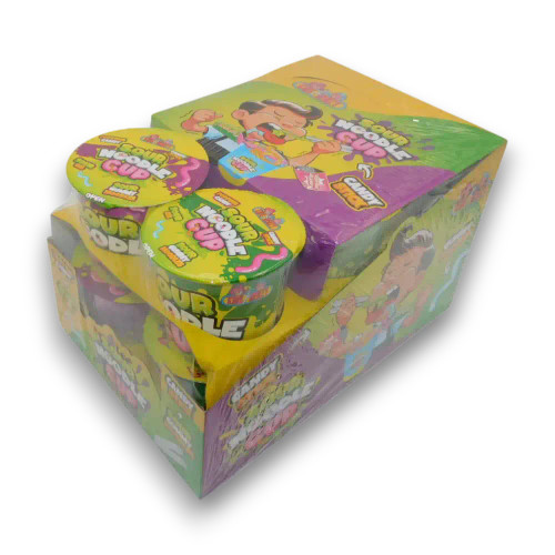 Assorted Kids Frenzy Sour Candy Noodle Cup with sour gel and candy stick, 53g cup from The Professors Online Lolly Shop.