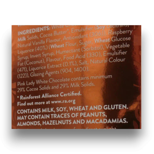 Ingredients list of Pink Lady - White Chocolate Raspberry Bullets (200g box).