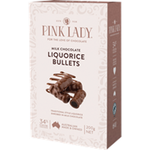 Pink Lady - Milk Chocolate Liquorice Bullets (200g box) Pink Lady - Milk Chocolate Liquorice Bullets (200g box)