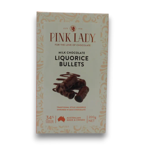Pink Lady Milk Chocolate Liquorice Bullets 200g box with glossy milk chocolate coating from The Professors Online Lolly Shop.
