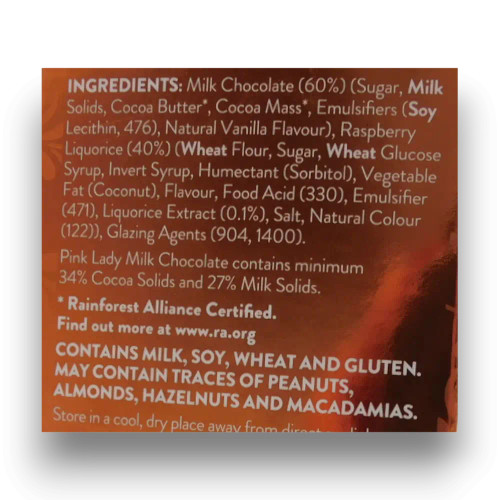 Ingredients list of Pink Lady - Milk Chocolate Raspberry Bullets (200g box).