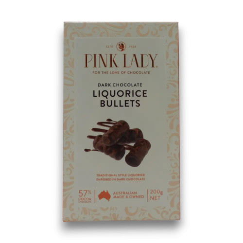 Pink Lady Dark Chocolate Liquorice Bullets 200g box featuring glossy dark chocolate coating from The Professors. Pink Lady Dark Chocolate Liquorice Bullets 200g box featuring glossy dark chocolate coating from The Professors.